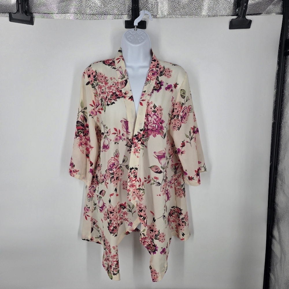 Feitong Floral Open Front Cardigan Cream Pink Purple Boho Summer Kimono XXL